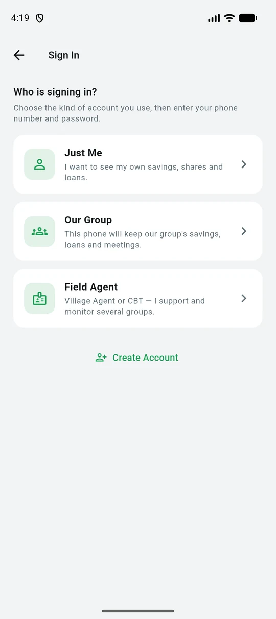 The sign-in screen asking which kind of account is signing in