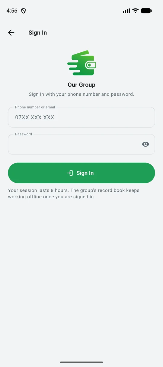 The group sign-in form asking for phone number and password
