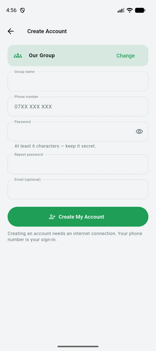 Creating a group account, asking for a group name
