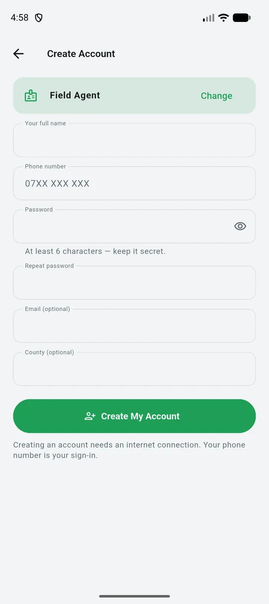 Creating a field agent account, asking for a county