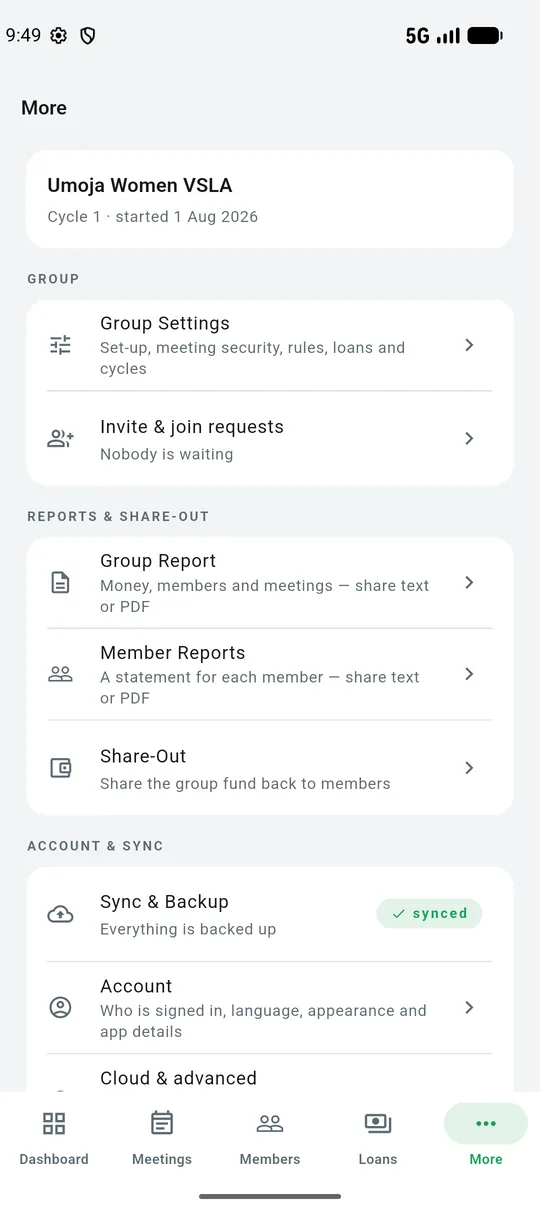 The More tab with group settings and reports