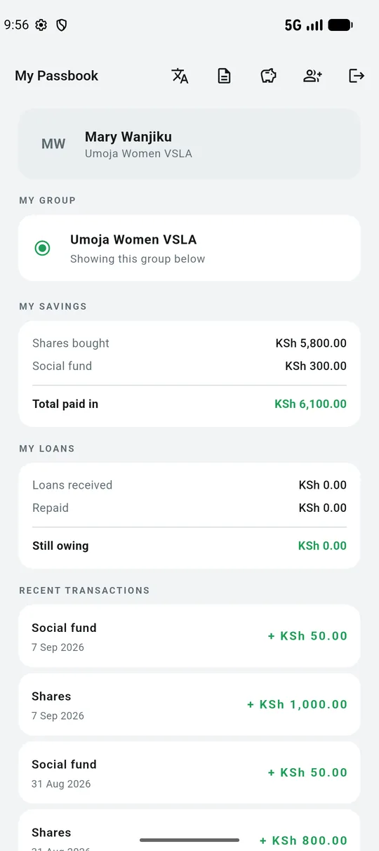 A member's passbook showing their savings and what they owe